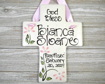 Personalized Baptism Gifts for Girls Ceramic Cross with Coral Flowers