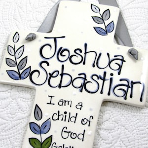 Personalized Ceramic Baby Cross: Blue & Gray Nursery Decor