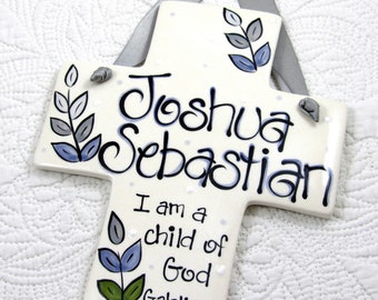 Personalized Cross for Boys in Blue and Gray 'I Am A Child of God' Galatians 3:26