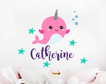 Narwhal Personalized Girl Name Wall Decal Nursery Vinyl Sticker Decals Nautical Custom Name Kids Above Crib Decor NS2116