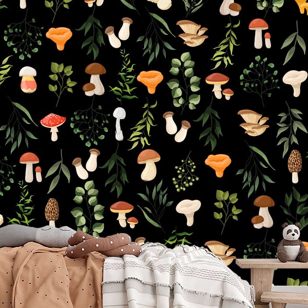 Dark Mushrooms Wallpaper for Nursery Room Removable. Forest Plants Wallpaper PVC FREE. Whimsical Botanical Wallpaper Peel and Stick