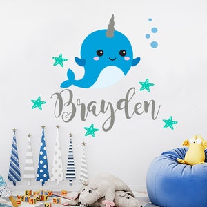 Narwhal Personalized Name Wall Decal Nursery Vinyl Sticker Decals Nautical Custom Name Kids Bedroom Decor NS2112