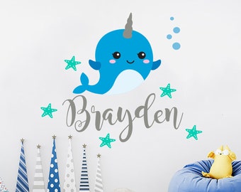 Narwhal Personalized Name Wall Decal Nursery Vinyl Sticker Decals Nautical Custom Name Kids Bedroom Decor NS2112