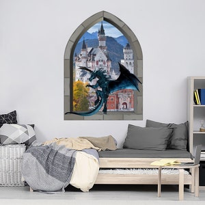 Dragon Castle Wall Decal for Boys Room Decor. Fantasy Blue Dragon Vinyl Sticker Murals. Castle Window Wall Sticker. Peel and Stick NS2273