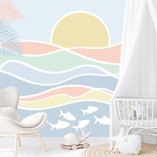 Pastel Nautical Wallpaper for Baby Kids Room Removable, Coastal Wallpaper Nursery, Ocean Wave and Sun Wall Mural, Sea Wallpaper Non-Woven