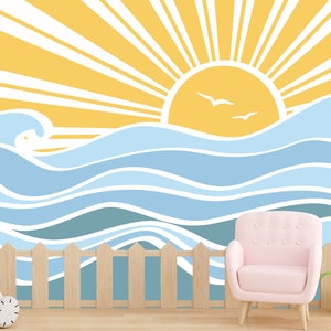 Waves and Sun Wallpaper for Kids Room Removable. Sea Waves Peel and Stick Wallpaper. Blue Wave Wall Mural. Ocean Nautical Wallpaper Decor