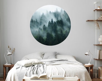Round Woodland Wall Decals for Living Room. Forest Background Nursery Decals. Forest Mist Art. Large Forest with Pine Tree Decoration NS2278