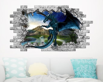 Dragon Wall Decal. Hole in the 3d Effect Wall Sticker. Dragon Wall Mural. Dragon Removable Vinyl Sticker. Dragon Bedroom Decor NS2136