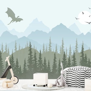 Mountain Wallpaper for Boys Room Removable. Fantasy Dragon Wallpaper Peel and Stick. Green Forest Playroom. Pastel Blue Mountain Wall Mural