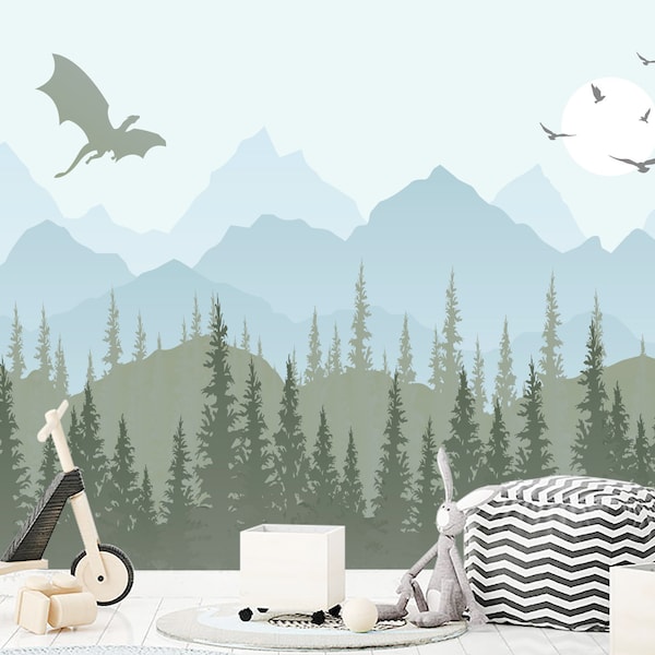 Mountain Wallpaper for Boys Room Removable. Fantasy Dragon Wallpaper Peel and Stick. Green Forest Playroom. Pastel Blue Mountain Wall Mural