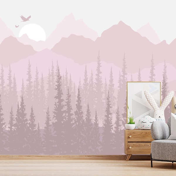 Mountains Wallpaper for Girl Woodland Room Removable. Pine Tree Mural. Forest Wallpaper Peel and Stick. Ombre Pink Mountains Wallpaper Decor