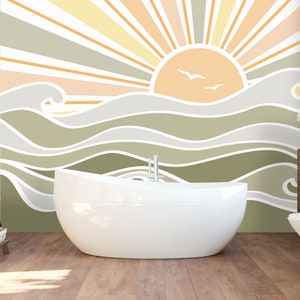 Sunshine Wallpaper Removable. Sun Boho Colorful Peel and Stick. Green Waves Wallpaper for Kids Room. Coastal Wall Mural. Sunrise PVC FREE