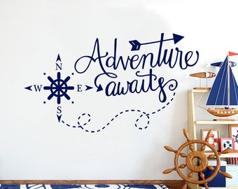 Adventure Awaits Wall Decals Vinyl Stickers Decal Nautical Compass Nursery Boys Decor Nautical Art Decorations for Bedroom Playroom NS1111
