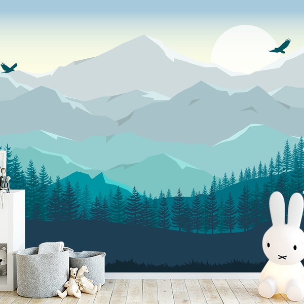 New Mountains Wallpaper for Kids Room Removable. Woodland Wallpaper Peel and Stick. Pine Tree Murals. Forest Nursery Room Self-Adhesive