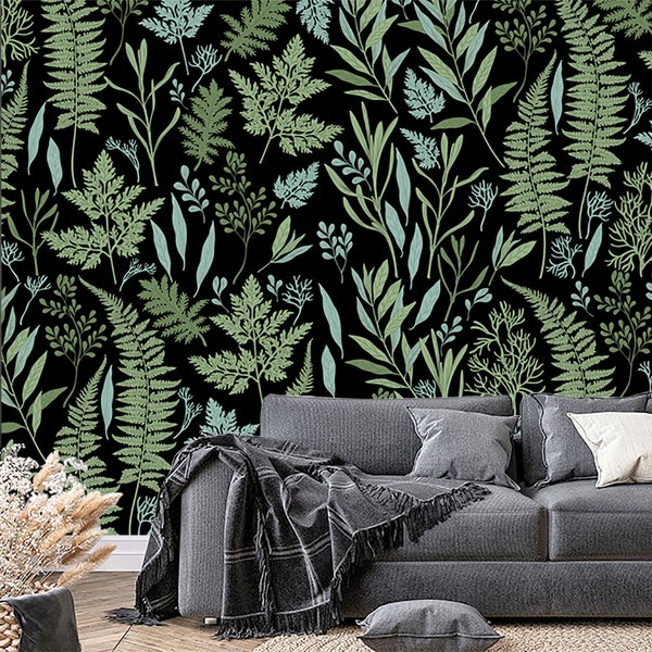 Fern Dark Leaves Wallpaper for Living Room. Botanical Wallpaper Peel and Stick. Forest Wallpaper PVC FREE. Removable and Renter friendly