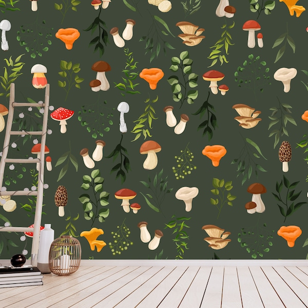 Mushrooms Wallpaper Removable. Dark Green Woodland Wallpaper PVC FREE. Whimsical Botanical Wallpaper Peel and Stick. Mushrooms Wall Mural