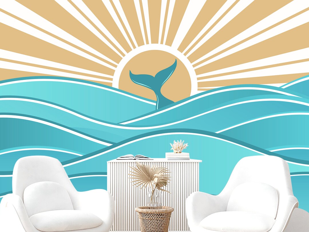 New Blue Ocean Waves Wallpaper Removable. Whale Tail and Sun - Etsy