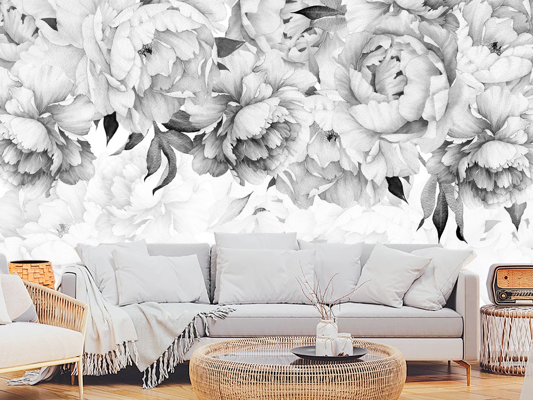 Black and White Peony Wallpaper. Flowers Wall Mural. Trend Floral