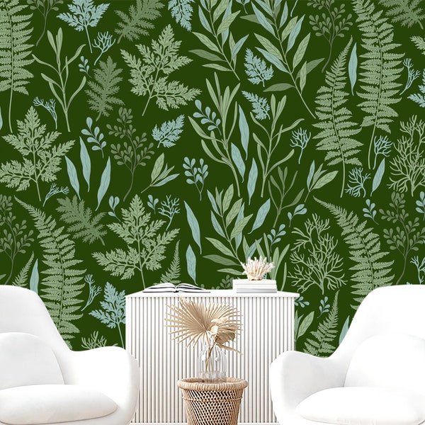 Sage Green Wallpaper. Fern Wall Mural. Dark Botanical Wallpaper PVC FREE. Forest Wallpaper Removable. Witchy Wallpaper Room Decor