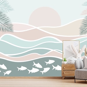 New Wave Wallpaper for Kids Room. Nautical Fish Wallpaper Removable. Ocean Theme Nursery Playroom Decor. Sunset Waves Murals Peel and Stick