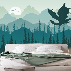 Dragon Wallpaper for Children Room Removable. Mountains Wall Mural. Fantastic Dragon Wallpaper Peel and Stick. Forest Pine Tree Non Woven image 2