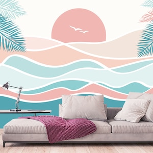 New Lines Wave Wallpaper Removable. Sunset and Waves Wall Mural. Nautical Nursery Room Decor. Ocean Waves Leaves Wallpaper Peel and Stick