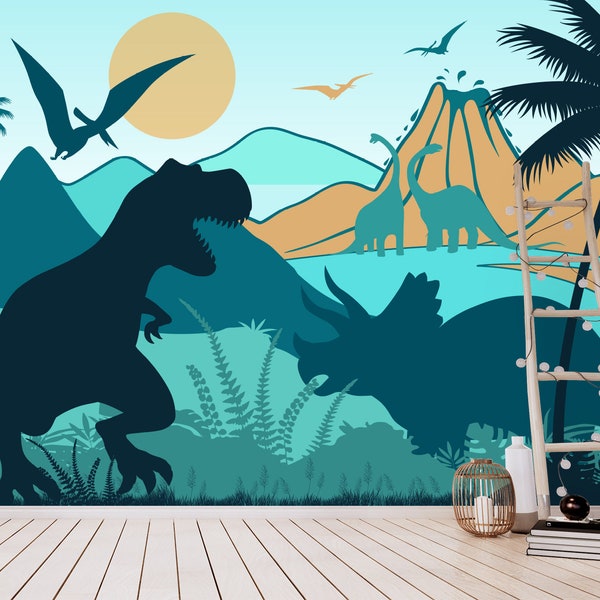 Trex Dinosaur Wallpaper PVC FREE. Jurassic Wallpaper for Kids Room Removable. Volcano Wallpaper Peel and Stick. Dinosaur Playroom Decor