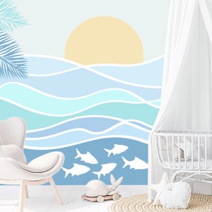 New Wave Wallpaper for Baby Kids Room. Sun Waves Wallpaper Removable. Nautical Fish Wall Murals. Ocean Theme Boys Toddler Playroom Decor