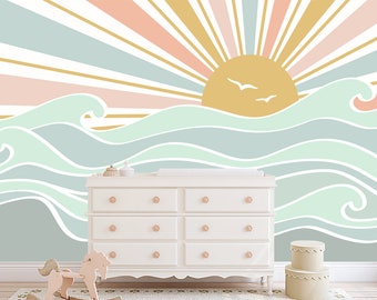 Sun and Waves Wallpaper for Nautical Nursery Room Removable. Sunshine Wallpaper Peel and Stick. Boho Kids Baby Room Self-Adhesive Bedroom