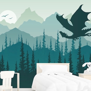 Dragon Wallpaper for Children Room Removable. Mountains Wall Mural. Fantastic Dragon Wallpaper Peel and Stick. Forest Pine Tree Non Woven image 3