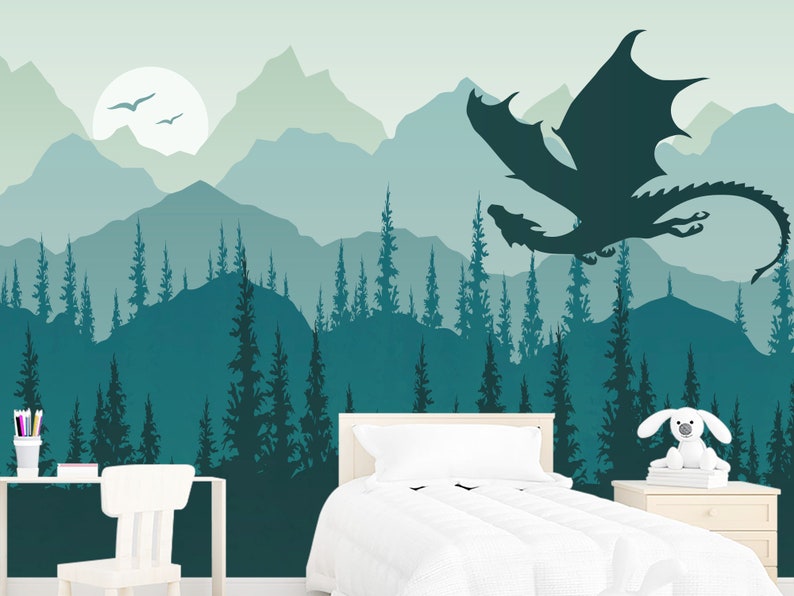 Dragon Wallpaper for Children Room Removable. Mountains Wall Mural. Fantastic Dragon Wallpaper Peel and Stick. Forest Pine Tree Non Woven image 3