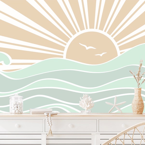 Waves Wallpaper for Nautical Room Removable. Ocean Waves and Sun Wallpaper Peel and Stick. Soft Wave Wall Mural. Non-Woven Sea Wallpaper