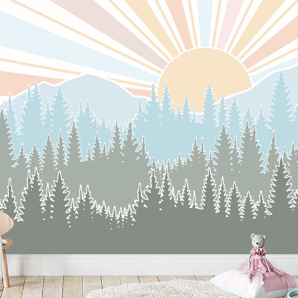Sunshine Wallpaper for Baby Kids Room Removable. Mountain Peel and Stick. Forest Green Wallpaper PVC FREE. Sun Colorful Wall Mural Nursery