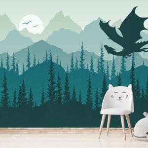 Dragon Wallpaper for Children Room Removable. Mountains Wall Mural. Fantastic Dragon Wallpaper Peel and Stick. Forest Pine Tree Non Woven image 1