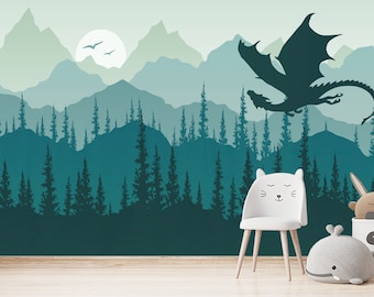 Dragon Wallpaper for Children Room Removable. Mountains Wall Mural. Fantastic Dragon Wallpaper Peel and Stick. Forest Pine Tree Non Woven