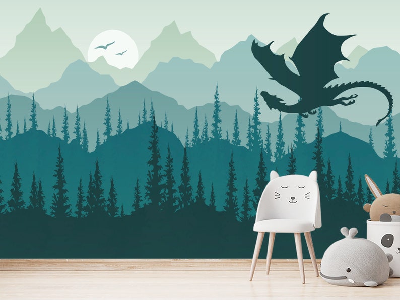 Dragon Wallpaper for Children Room Removable. Mountains Wall Mural. Fantastic Dragon Wallpaper Peel and Stick. Forest Pine Tree Non Woven image 1