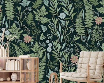 Fern Dark Wallpaper Removable. Sage Green Wall Mural. Floral Botanical Wallpaper PVC FREE. Forest Wallpaper. Wild Flowers Peel and Stick