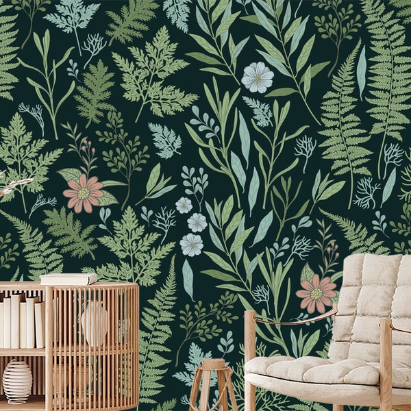 Fern Dark Wallpaper Removable. Sage Green Wall Mural. Floral Botanical Wallpaper PVC FREE. Forest Wallpaper. Wild Flowers Peel and Stick