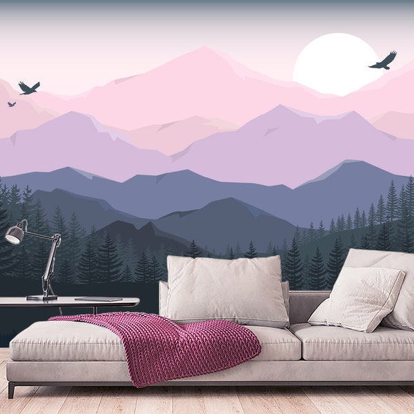 Mountains Wallpaper for Girl Room Removable. Forest Wall Mural. Nursery Woodland Wallpaper. Sunset and Birds Peel and Stick. Pine Tree Decor