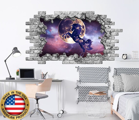 Unicorn Galaxy Wall Sticker 3d Space Hole In The Wall Decal Galaxy Moon Wall Mural Unicorn Full Color Mural Space Bedroom Decor Ns2158