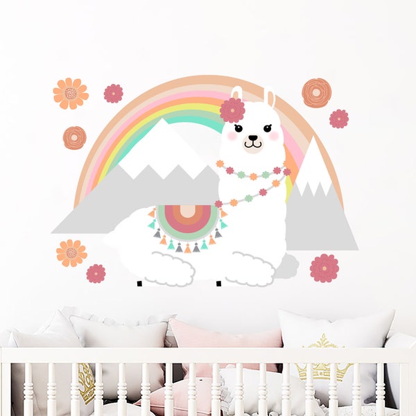 Llama Floral Wall Decal for Girls Bedroom. Llama and Flowers Kids Room Decor. Alpaca Custom Decals. Llama Theme Decor. Llama Gift NS2132