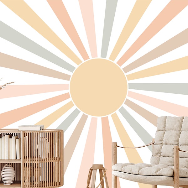 Boho Wallpaper Room Removable. Sunshine Wall Mural. Nursery Sunlight Wallpaper. Boho Sun Wallpaper Peel and Stick. Scandinavian Room Decor