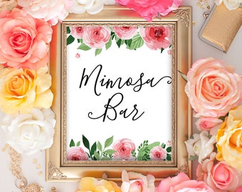 Signo de la barra Mimosa, signo imprimible de la barra Mimosa, signo de la barra de la boda, signo imprimible de la barra burbujeante, decoración floral de la ducha nupcial, descarga instantánea de la boda