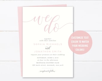 We Do Wedding Invitation Suite, Blush Pink Romantic Calligraphy Printable Invite Set, Printed Classic Invitations Elegant Grey Pink Wedding