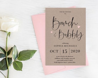 Rustic Bridal Shower Invitation Printable or Printed, Brown Paper Brunch and Bubbly Invite, Bridal Brunch Invite, Brunch with the Bride