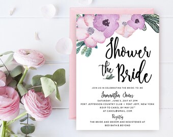 Floral Bridal Shower Invitation Printable or Printed Wedding Shower the Bride Invitation, Floral Pink and Purple Invite and Recipe Card Set