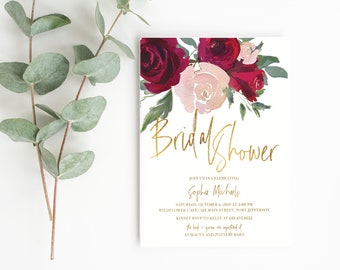 Elegant Bridal Shower Invitation, Printable Bridal Shower Invite, Greenery Thank You, Burgundy and Blush Floral Printed Shower Invitations