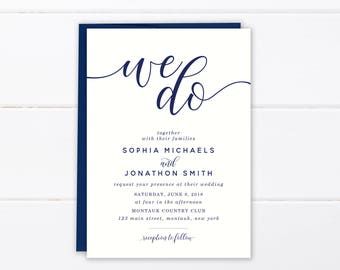 We Do Wedding Invitation Suite, Navy Blue Romantic Calligraphy Printable Invite Set, Printed Classic Invitations, Elegant Wedding Suite