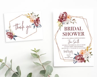 Fall Floral Bridal Shower Invitation, Printable Bridal Shower Invite, Printed Bridal Brunch, Fall Rose Gold Bridal Shower Thank You Cards