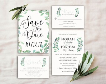 Olive Branch Wedding Invitation Printable Set, Greenery Wedding Save the Dates, Boho Wedding Invitation, Olive Leaf Wedding, Response Cards